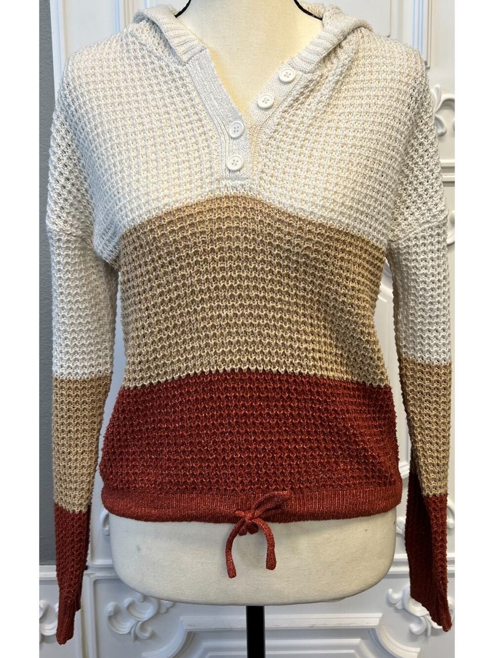 No Boundaries Color‑Block Waffle‑Knit Hooded Sweater – Juniors S (3–5)